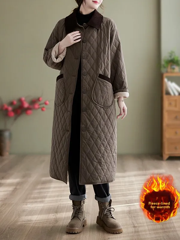 

Thickened Lamb Fur Collar Mid-Length Autumn Winter Cotton Linen Jacket plus Size Women's Fashion Outerwear Slimming Fleece Li...