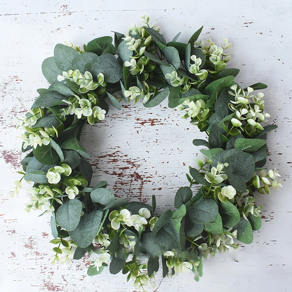 

Green Leaf Eucalyptus Wreath Round Green Faux Leaf Wreath Patio Garden Porch Farmhouse Festival Celebration Vine Decoration