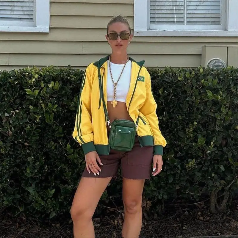 Yellow retro jacket women's Harajuku oversized zipper windbreaker Y2k streetwear loose jacket autumn fashion sportswear