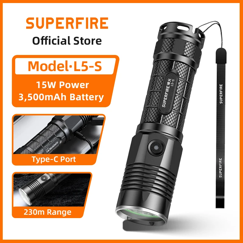 

SUPERFIRE L5-S 15 Вт светодиодный фонарик с зарядкой через USB 26650 аккумулятор 5 режимов освещения мощный фонарик для самообороны и кемпинга