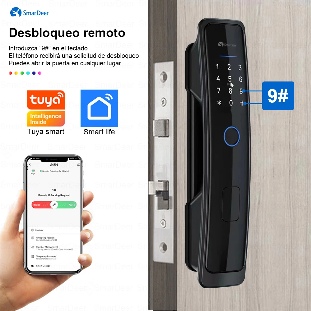 SmarDeer Electronic Lock for Tuya Smart Lock with Bright Panel Fingerprint Lock Keyless Entry Fingerprint/Code/RFID/APP