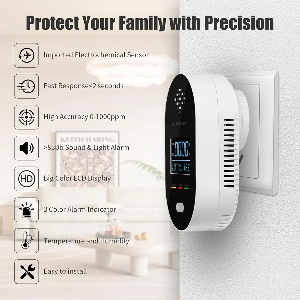 A55T Gas Leak And Carbon Monoxide Detector,Plug-In Natural Gas Alarm With LED Indicator,CO2 Detector US Plug