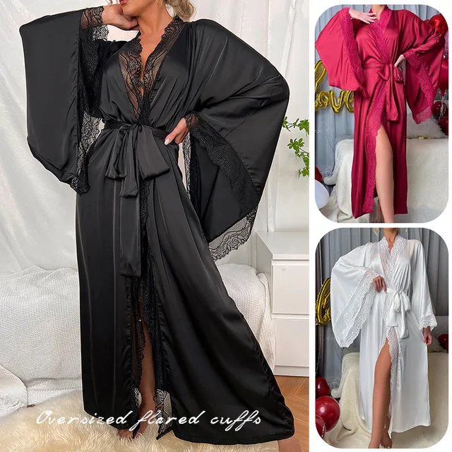 Długi solidny szlafrok kimono kobiety seksowny koronkowy patchworkowy szlafrok suknia rozszerzany rękaw bielizna nocna bielizna nocna panna młoda szaty ślubne Loungewear
