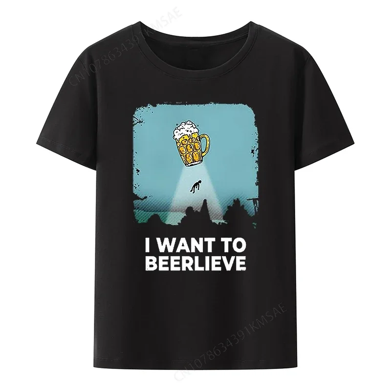 I Want To Beerlieve Men Tees Humor Beer Drinking Alien Abduction UFO Graphic T Shirts Women Tops Casual Streetwear Camisetas