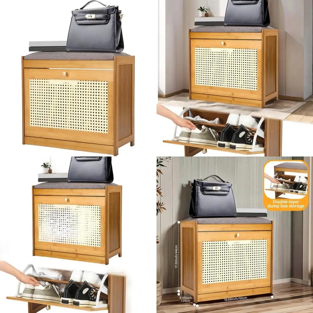 

Узкая скамья для обуви в прихожую с откидными ящиками, из ротанга и дуба в деревенском стиле, подходит для обуви до размера US10.