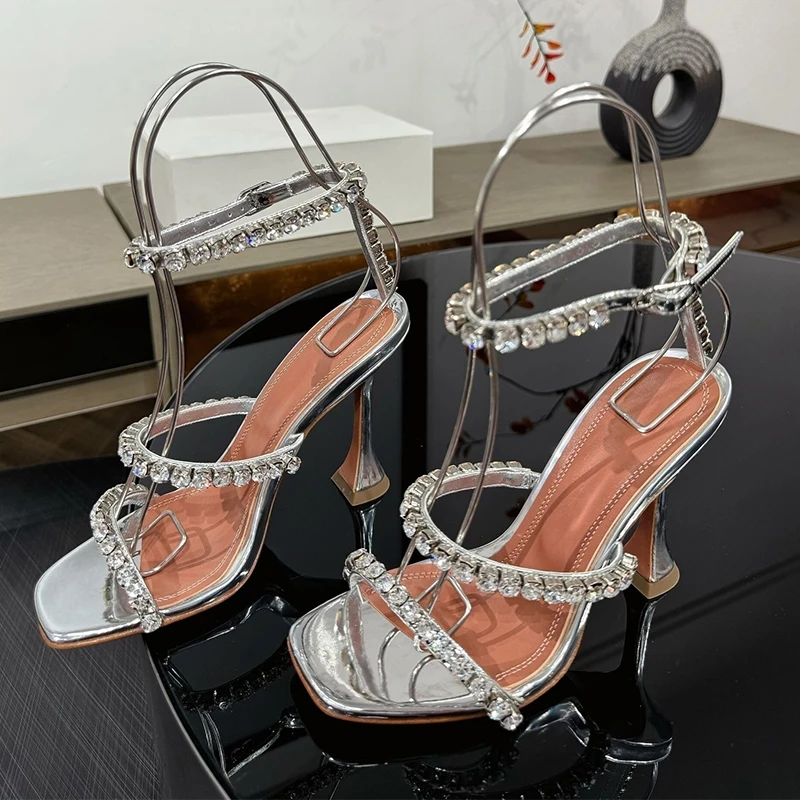 Runway Cup High-Heeled Silk Satin Sandals Women Shiny Rhinestone Decor Ankle Strap Gladiator Sandalias Summer Party Dress Shoes view 4