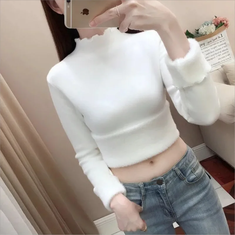 Autumn Winter Sweater Women's Velvet Half Turtleneck Bottoming Inner Plus Velvet Thick Top Thermal Women Clothes