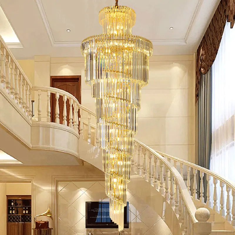 

Chrome Gold Luxury Staircase LED Chandeliers Modern Crystal Hanging Pendant Light Duplex Building Hotel Decor Large Pendant Lamp