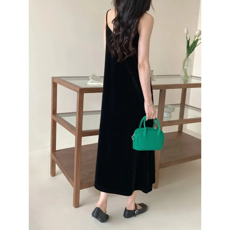 Jupe à bretelles en velours noir et doré pour femmes, col en v, rétro, ample, ligne a, dos nu, robe extérieure d'automne