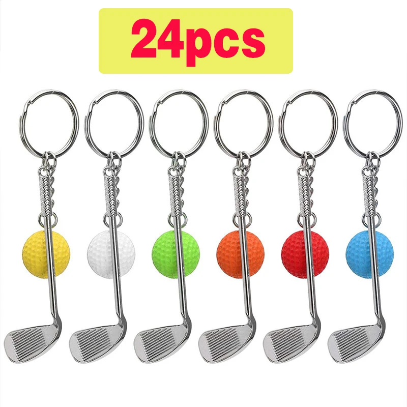 

24Pcs Keychain Mini Golf Racket Ball Pendant Keyring Key Ring Creative Metal Pendant Tennis Key Chain Sports Clubs Gift