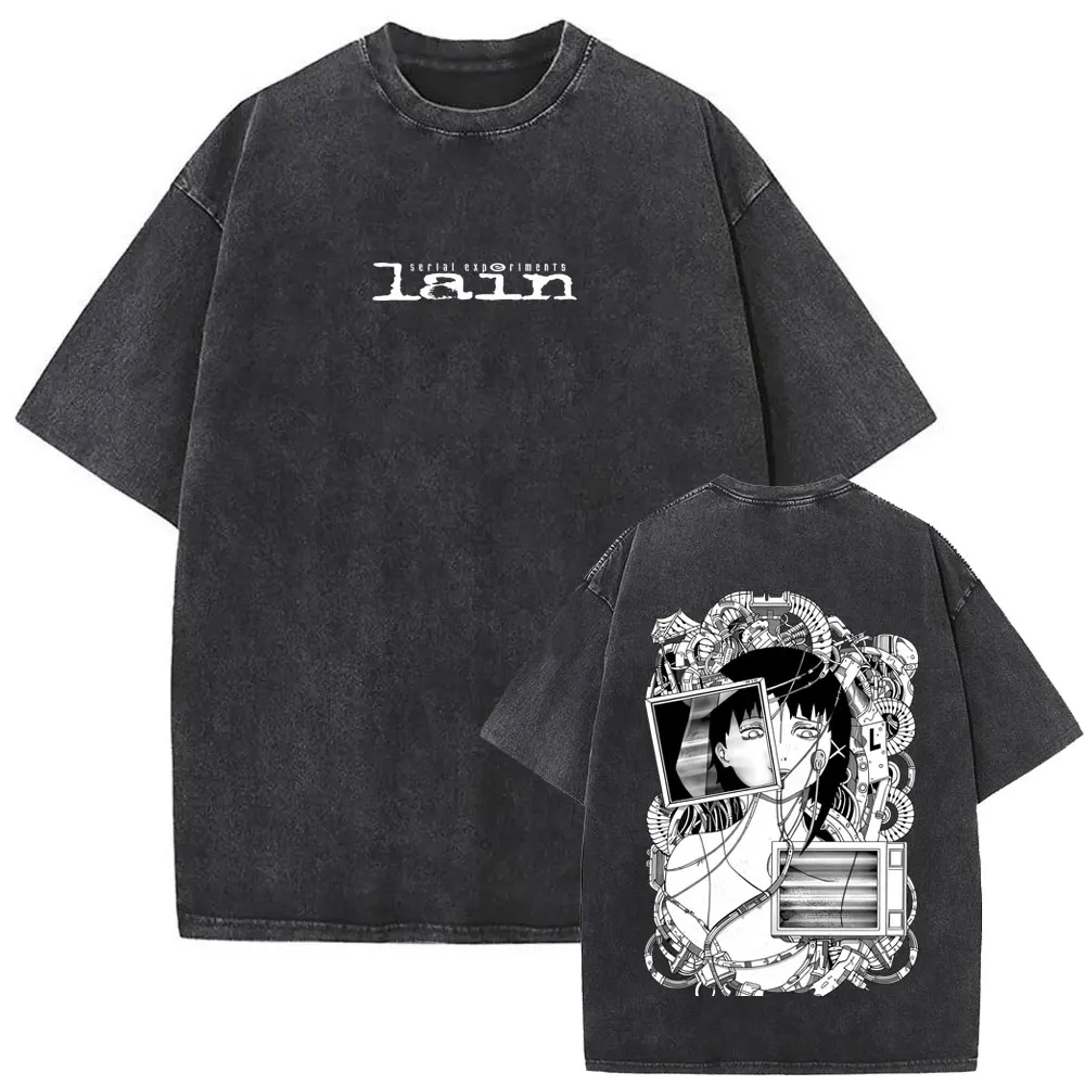 Anime Girl Sci Fi Retro Serial Experiments Lain Vintage Washed T-shirt Manga Harajuku Tshirt Men Women Casual Oversized T Shirt