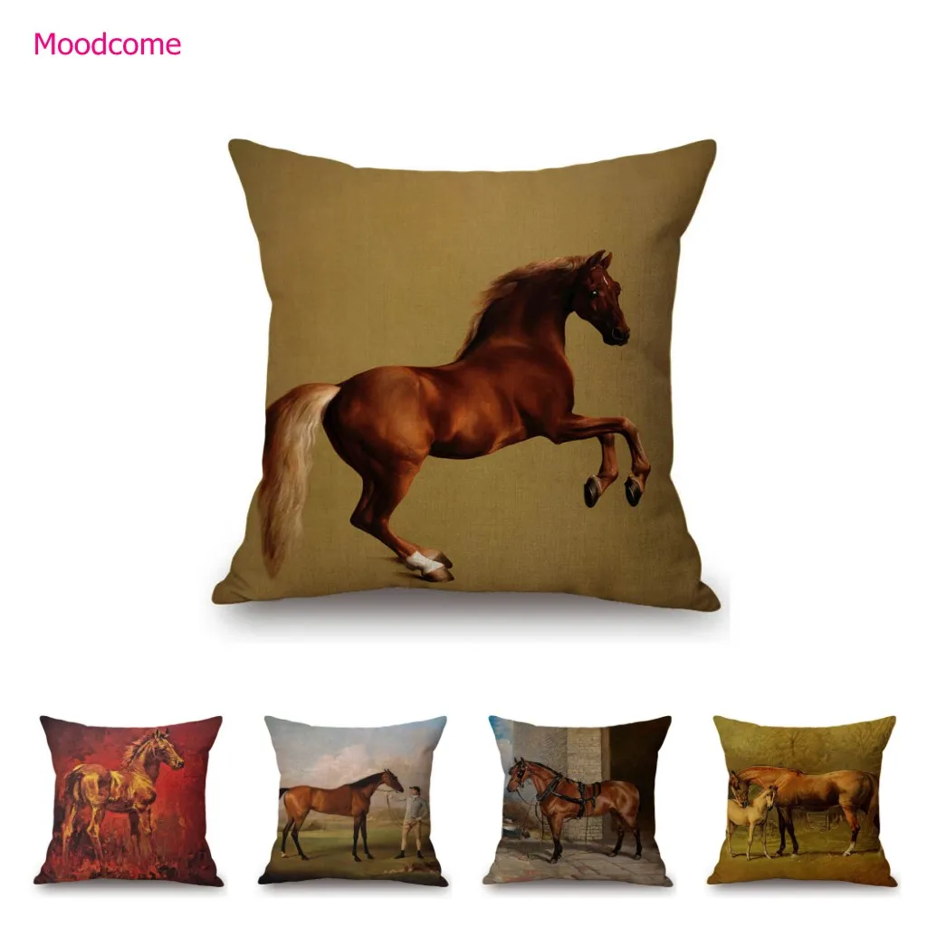 Horse Oil Painting Home Modern Decoration Art Cotton Linen Sofa Throw Pillow Case Lovely Mane Foal Pony Car Seat Cushion Cover