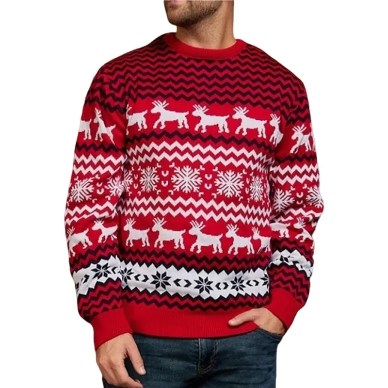 L60A Couples' Casual Christmas Sweater Raglan Sleeve Crew Neck Knitted Pullover Comfy Warm Fall Tops