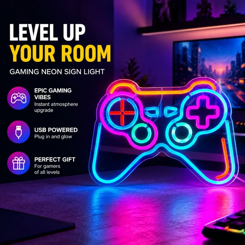 Game Controller LED Neon Sign USB Gamepad Light for Gaming Room Wall Decor Video Game Setup Gamer Bedroom Man Cave Sign Gift