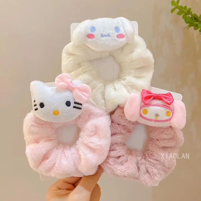 New Sanrio Cinnamoroll Kuromi Plush Large Intestine Hair Band Kids Cute My Melody Pompom Purin Headband Hairpin Hair Accessories