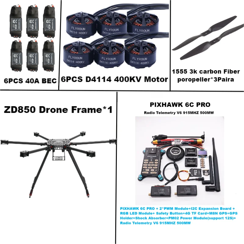 Rctosky ZD850 6C PRO M8N Fibra de carbono completa 850mm Estrutura hexa-rotor BLHELI 40A ESC Conjunto de telemetria Rado de controle de voo