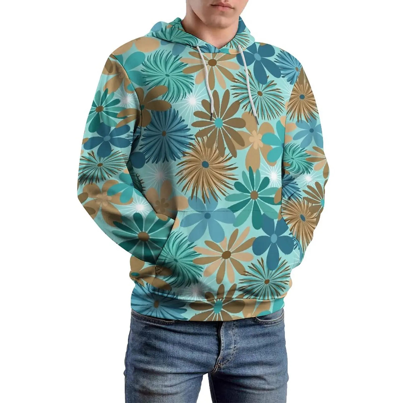 

Ditsy Floral Casual Hoodies Blue and Brown Street Fashion Pullover Hoodie Man Long Sleeve Kawaii Design Clothes Large Size 6XL