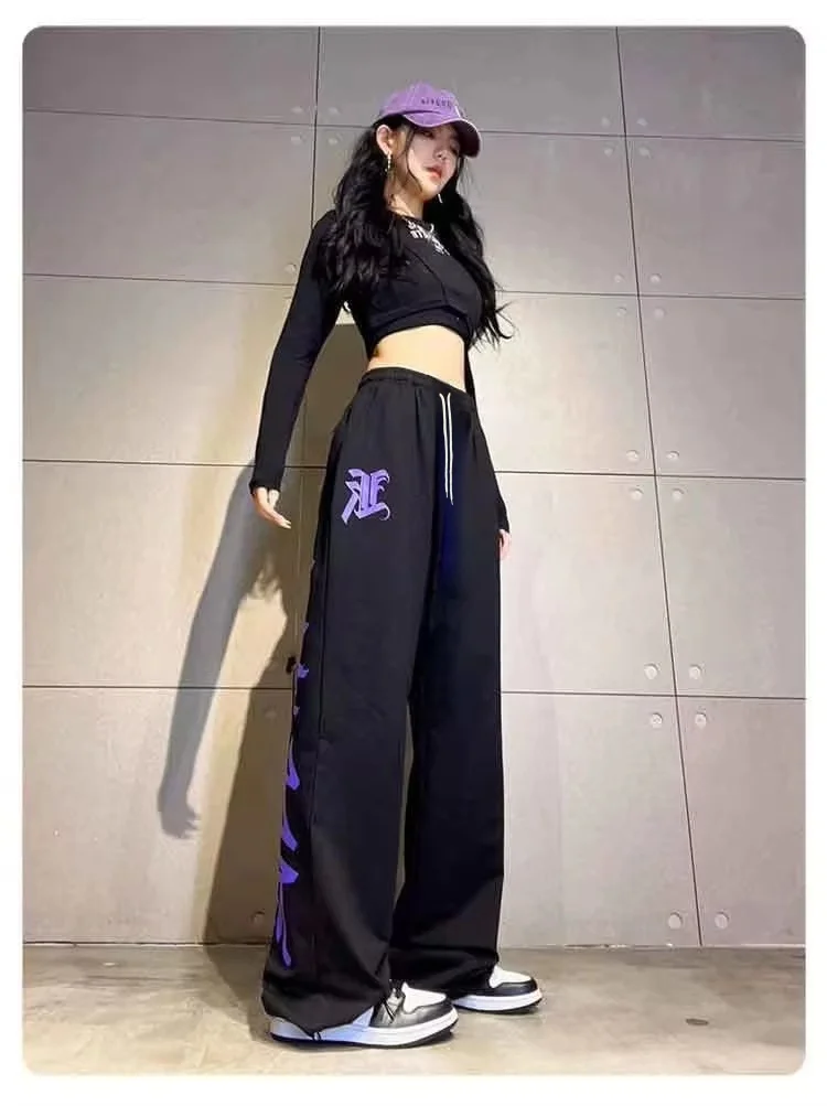 spring/summer hiphop sweatpants female jazz dance dance pants American hiphop high waist wide leg drawstring casual sports pants