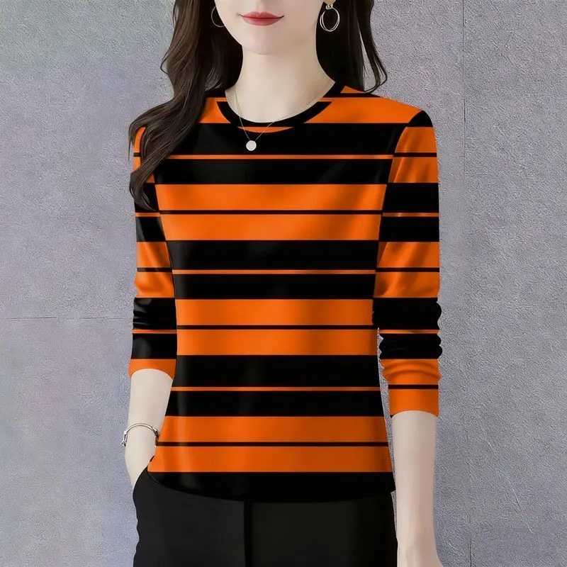 

Fashionable Striped Long Sleeve round Neck T-Shirt Women's Base Layer Shirt Slimming Mommy Clothes Middle-Aged And Elderly Top