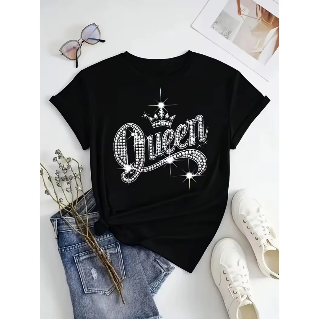 Rhinestone Sparkle Queen Crown Glitter Star Graphic Plus Size Women 100% Cotton Soft Loose Crew Neck Short Sleeve T-Shirt For Elegant Party Daily Tops