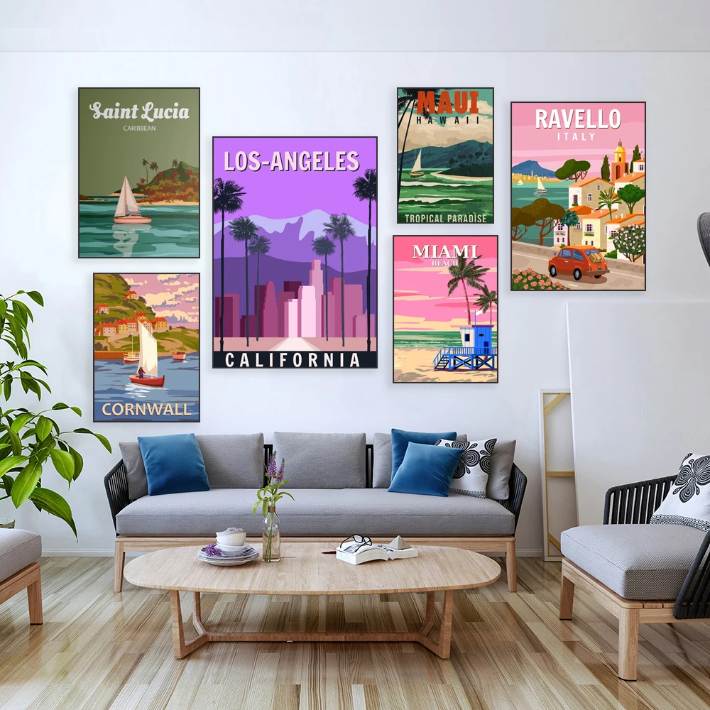 St Lucia, Cote d'Ivoire, African surfer girl, Split Rock Lighthouse, Maui, Cornwall, Naples, California beach art, travel poster