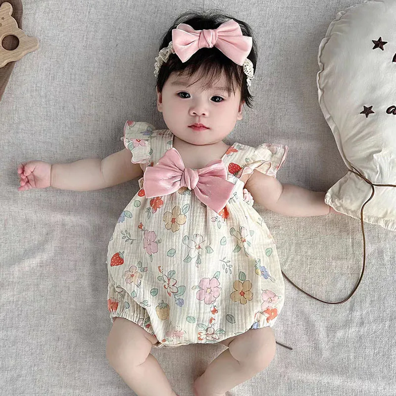 2024 New Baby Girls Summer Clothes Sweet Floral Bow Bodysuit With Headband Toddler Suspenders Flying Sleeve One Piece