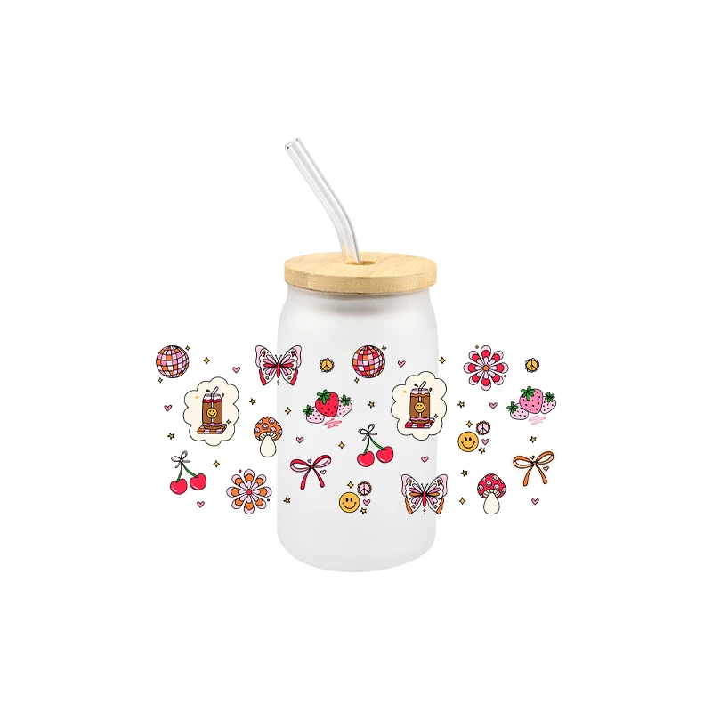 Cartoon 16OZ UV DTF Cup Wraps Cup Patter Smile Transfer Sticker For Glass Libbey Can Bottle Selfadhesive Washable DIY Custom