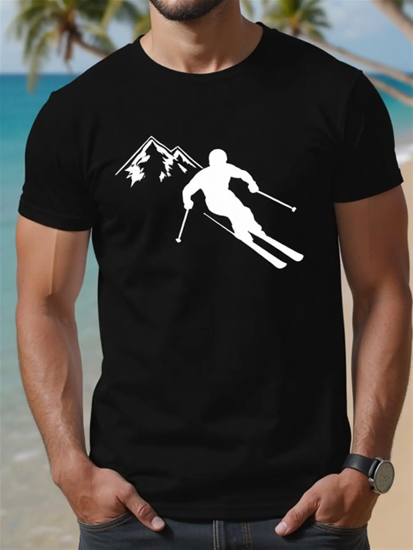Camiseta de algodón 180g con estampado de esquí, fondo de montaña, diseño de acción blanco y negro, adecuada para todas las estaciones, camiseta casual para esquiar, playa, actividades al aire libre, transpirable, regalo diario y festivo, ropa de playa para hombre, mangas raglán