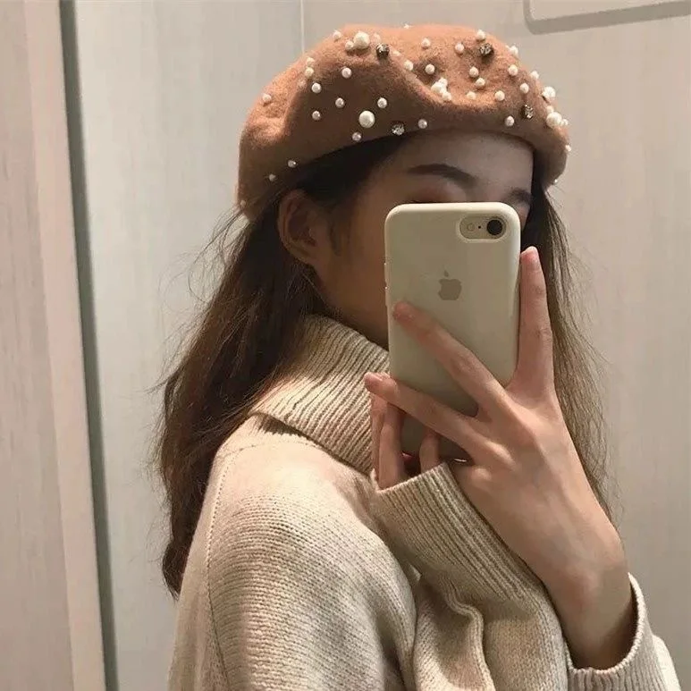 Woolen Pearl Beret Woman Autumn-Winter Korean All-Matching Japanese Painter Hat British Retro Pumpkin Hat Woman