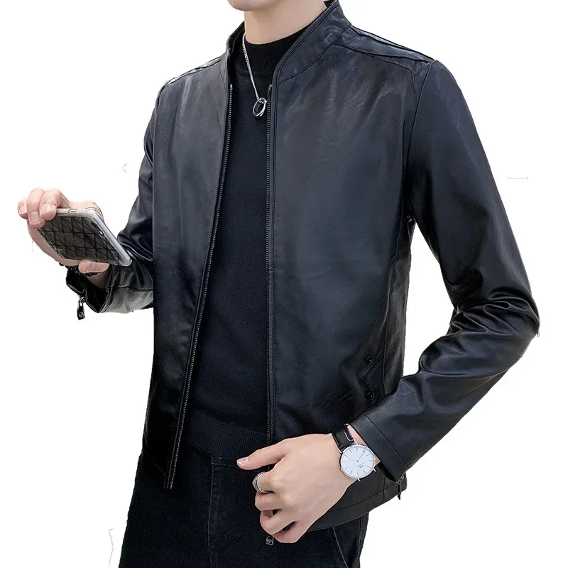 Spring autumn fashion casual men\'s leather jacket zipper stand collar loose motorcycle leather jacket faux leather men\'s coat