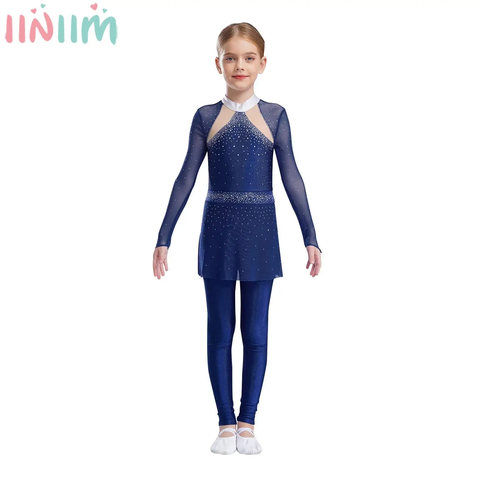 

Girls Figure Skating Training Performance Costume Ballet Dance Gymnastics Acrobatics Jumpsuit Long Sleeve Rhinestone Mesh Dress