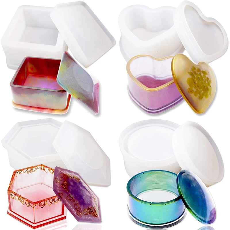 4 Pack Box Resin Molds Jewelry Box Molds Heart Shape /Hexagon/Round And Square Epoxy Molds Containers With Lid