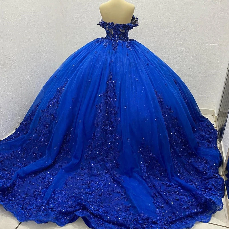 ANGELSBRIDE Royal Blue Quinceanera abiti per 15 Party Princess Sparkly Appliques Tulle Lace Birthday Party Dress Robes De Ball