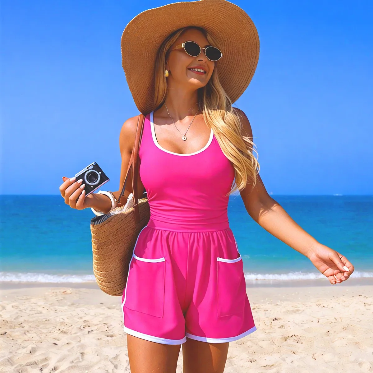 Black With White Trim One Piece Swimsuit Sleeveless V Neck One Piece Tank Top Contrast Trim Swimsuit Side Pockets Bathing Suit view 5
