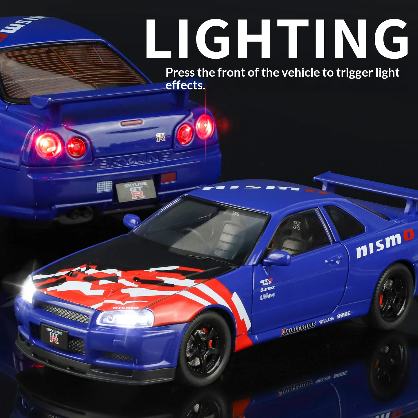 โมเดลรถนิสสัน จีทีอาร์ รุ่น 1:24  แบบดัดแปลง  ตัวถังโลหะผสม  แบบดึงหลัง  ล้อหน้าหมุนได้  พร้อมเสียงจำลอง  ของขวัญวันหยุด