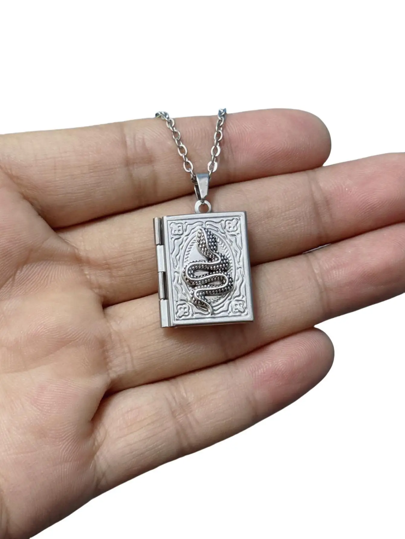 Gothic Book Animal Necklace, Photo Box Charm, Fire Dragon Moth Snake Rose Bat Sun Necklace, Vintage Jewelry Gifts For Her/Him - view 3