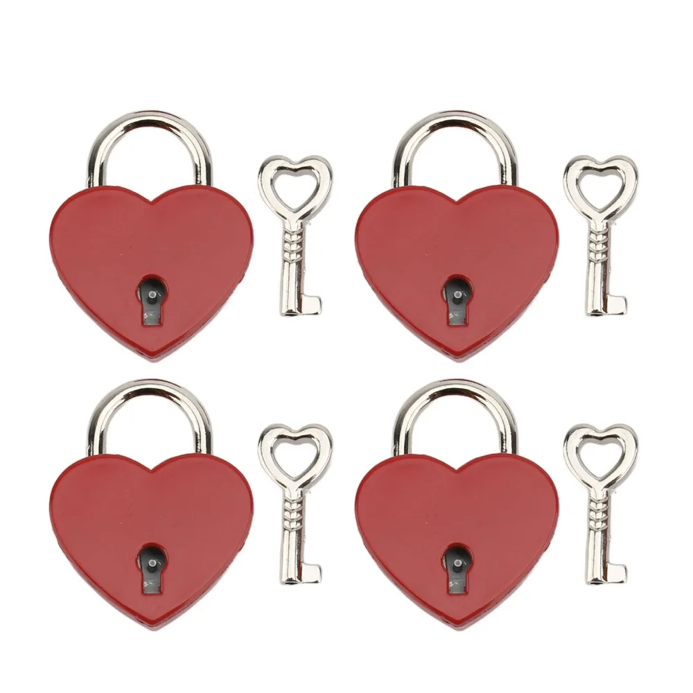 4sets Keyed Padlocks Zinc Alloy Heart Padlock Red 38x30mm Heart Shaped Padlock Key Included Metal Padlock For Diary Book