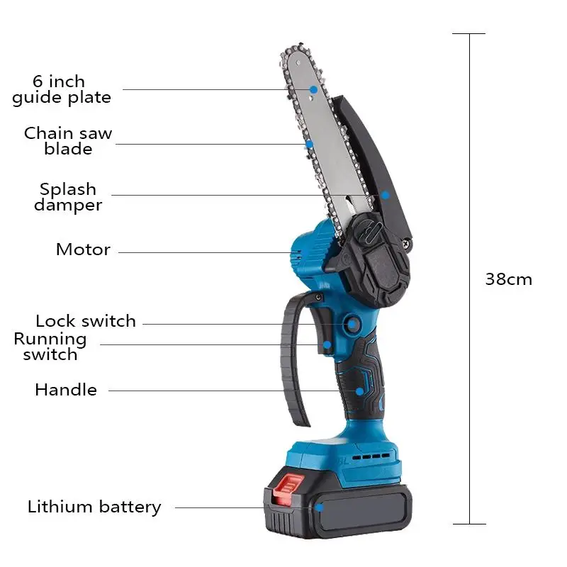 6 Inch 21V Mini Powerful Cordless Electric Chain Saw Woodworking Handheld Pruning Chainsaw Wood Garden Cutting Tool for Makita