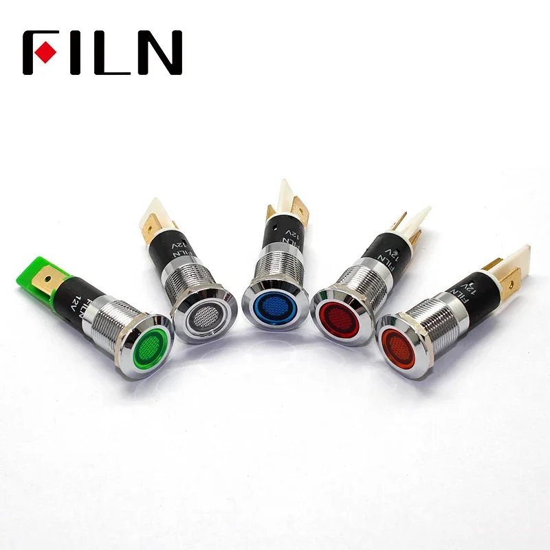 

FILN 12mm 12v 24v 110v 220v Chrome Metal LED Pilot Panel Dash Signal Indicator Warning Light Car Boat Marine with 6.3mm Faston