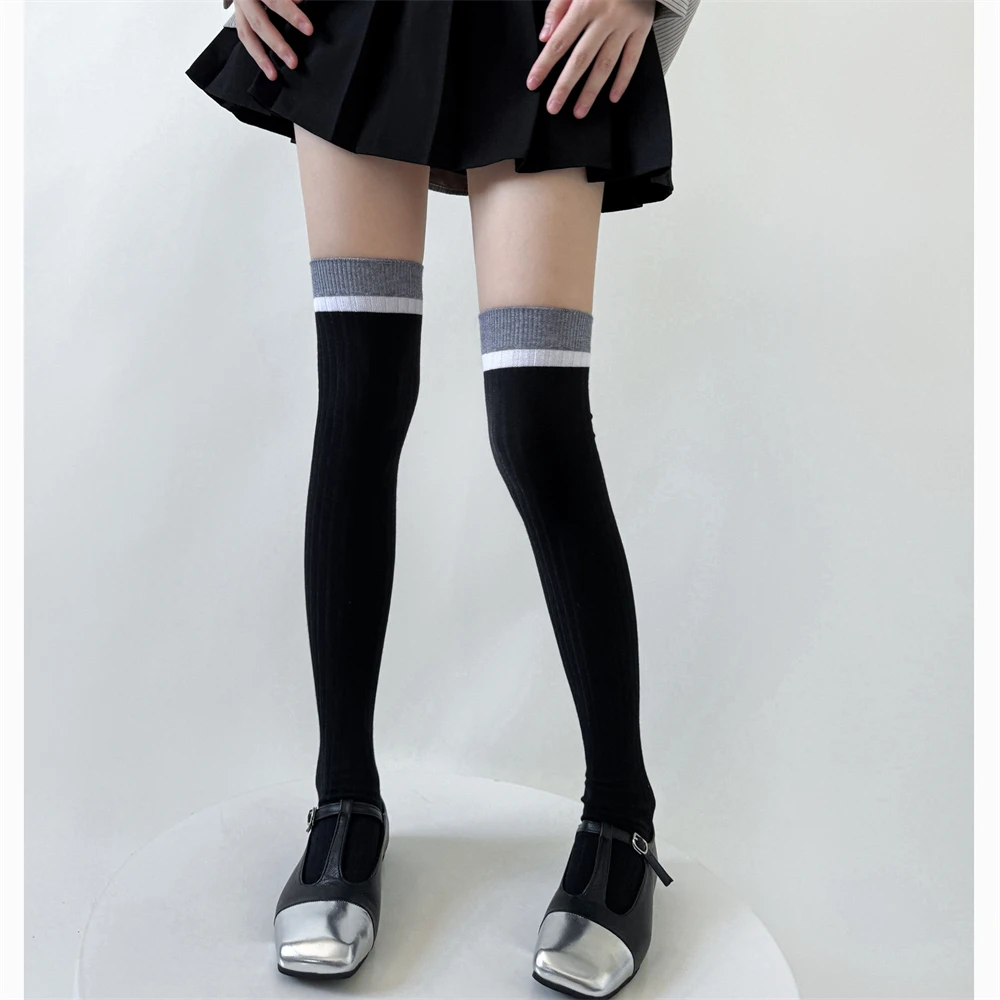 Women Spring Autumn Striped Calf Sock Trendy Half Cut Knee-length Socks Japanese College Style JK Thigh High Over Knee Stocking