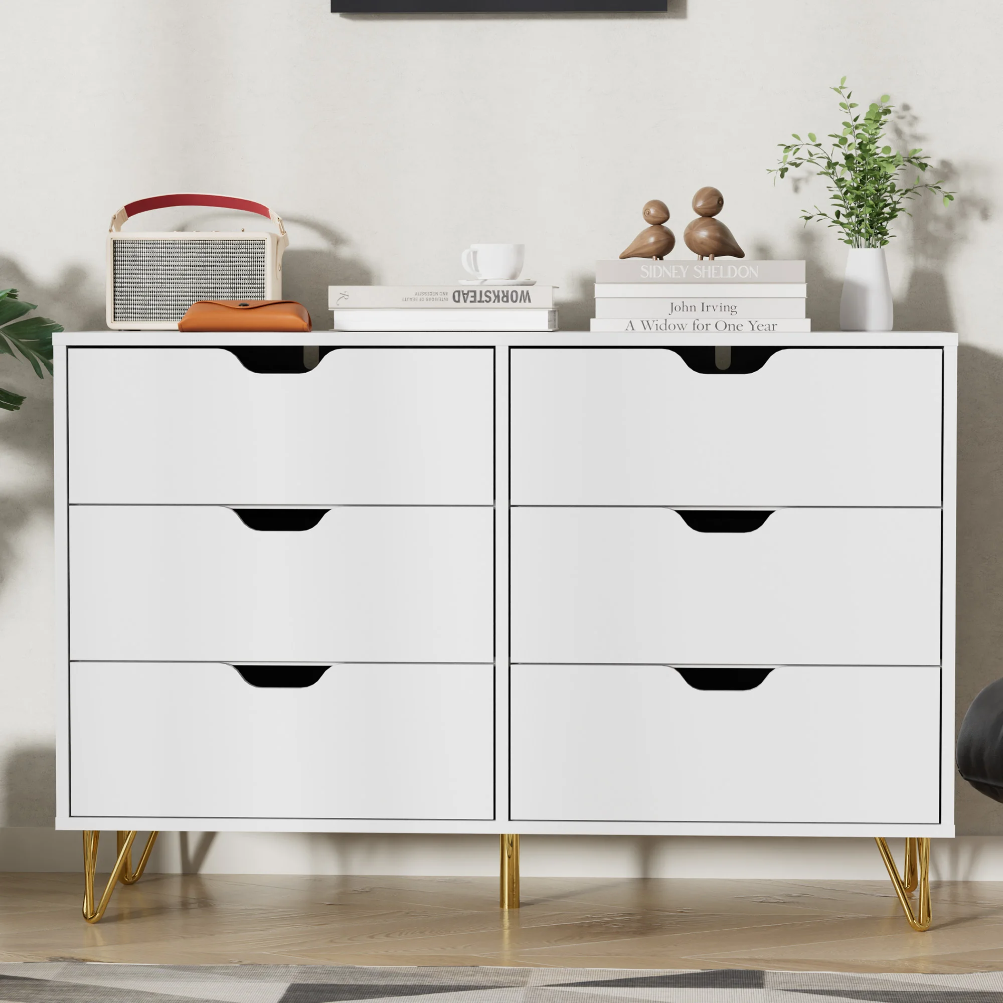 6 Drawer Chest, 42.5''W Dresser for Bedroom, White 6 Drawer Dresser, Gold White Chest of Drawer, Modern Dresser Drawer Organizer