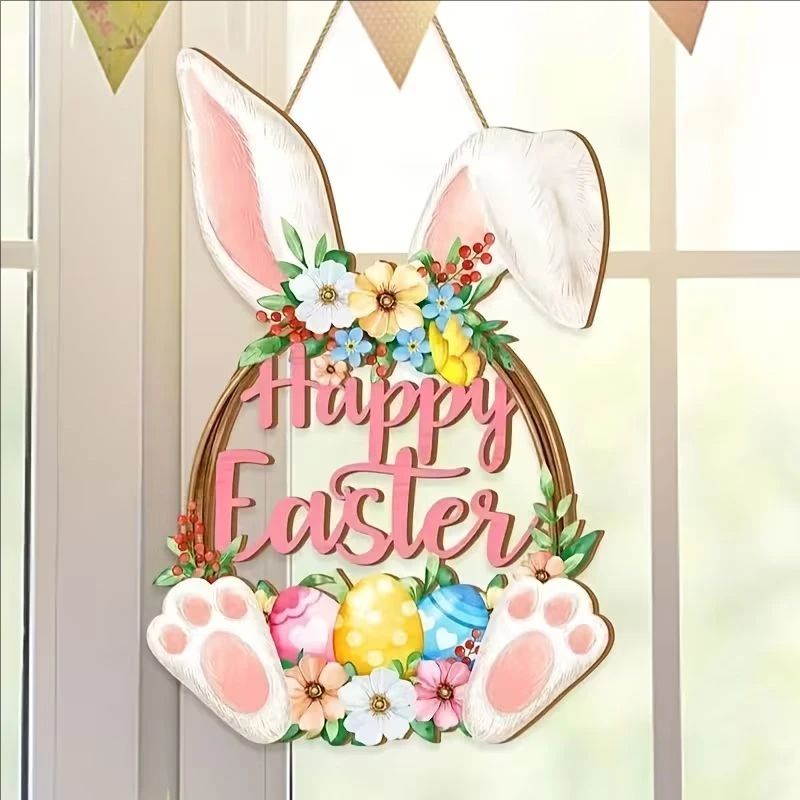 Happy Easter Wooden Door Hanger - 2D Flat Egg-Shaped Wreath with Bunny Paws, Colorful Eggs & Spring Flowers, Perfect Easter Gift