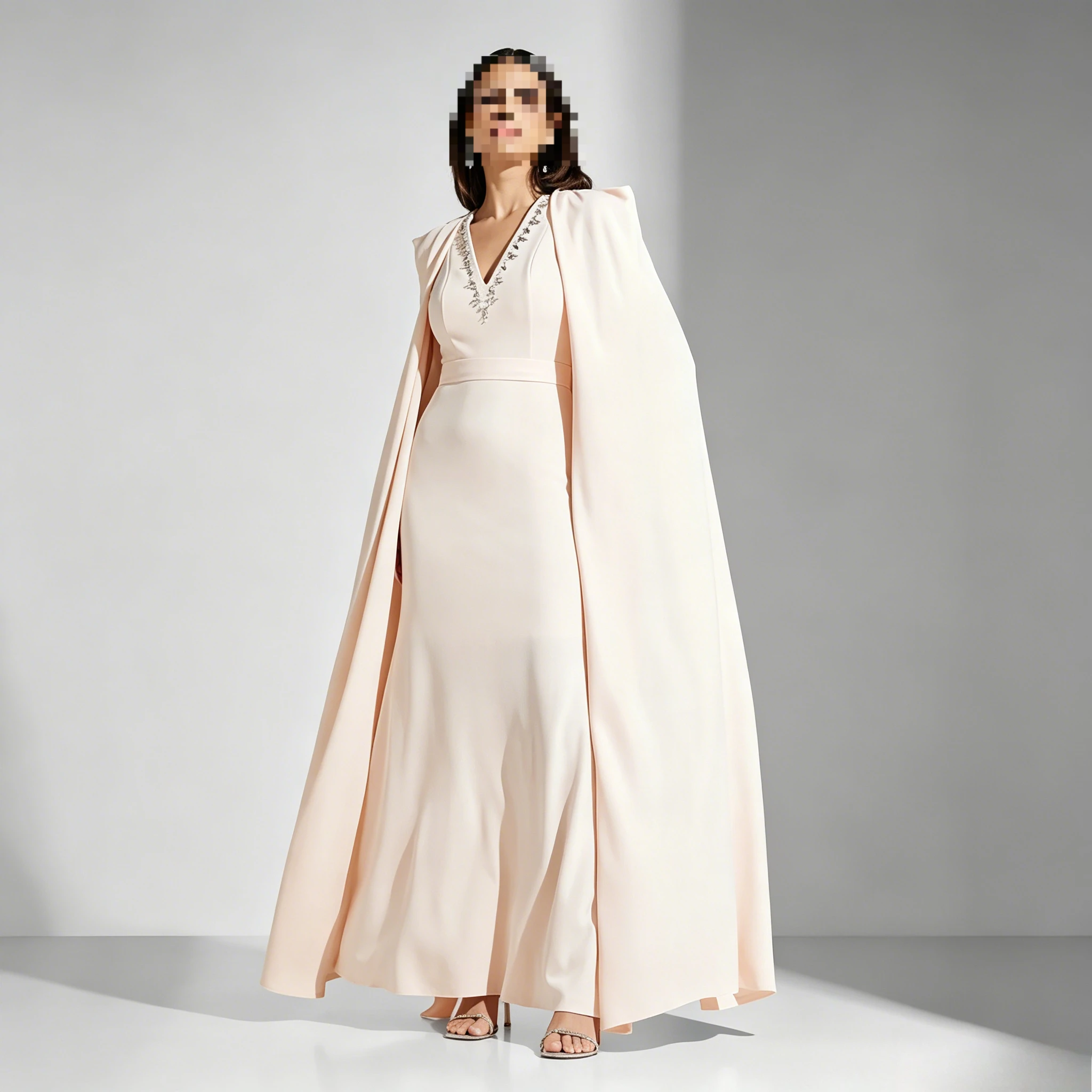 Customized Elegant Formal Evening Gown Featuring V-Neckline With Crystal Rhinestone Trim, Attached Floor-Length Cape Sleeves