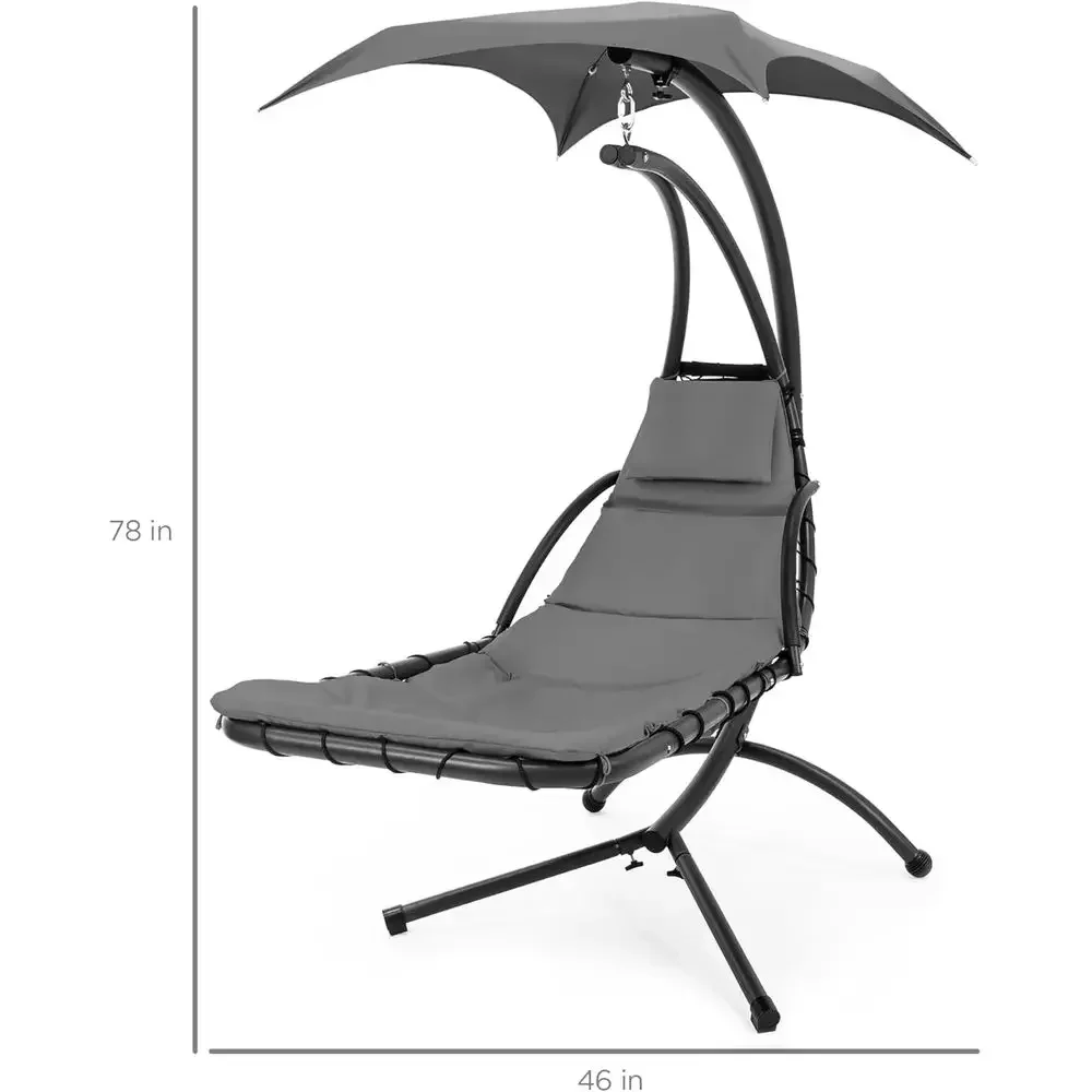 Outdoor Hanging Curved Steel Chaise Lounge Chair Swing w/Built-in Pillow and Removable - Charcoal Gray