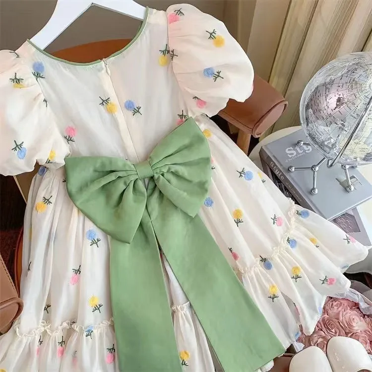 2023 Girls Summer Dress Flowers Embroidery Big Bow Kids Girl Princess Birthday Dresses Children Vestidos Clothes 2-14age