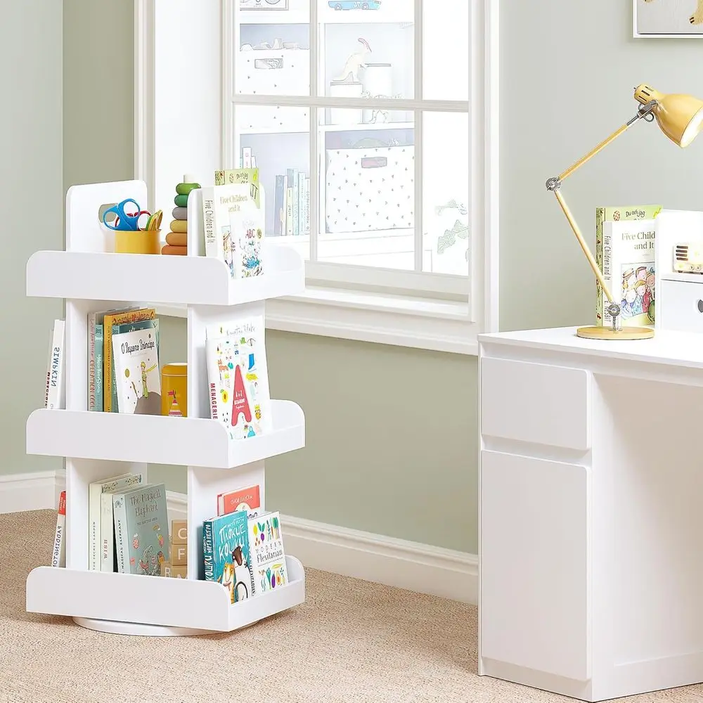 3-Tier White Rotating Bookshelf, Lazy Susan Style, 360° Vertical Display Organizer