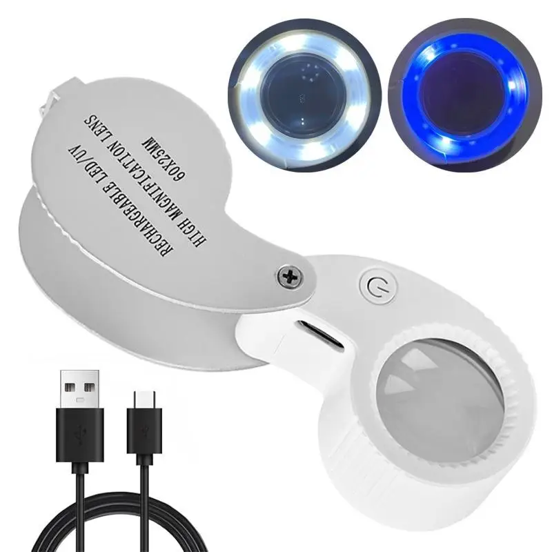 40X 60X High-Power Foldable Magnifier with UV-LED Lights for Jewellers - Rechargeable