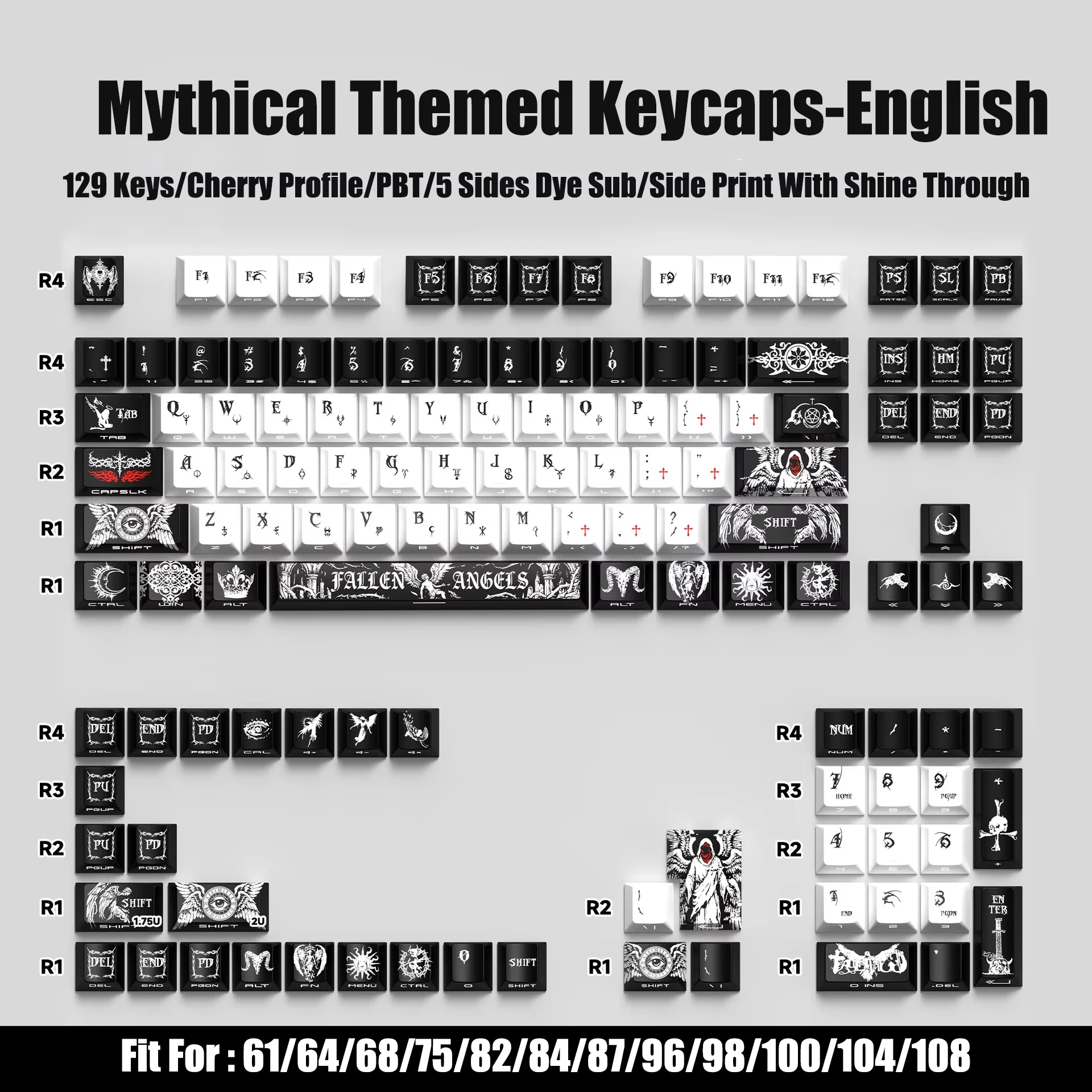 Dark Angel Side-lit Shine Through PBT Keycaps 125 Keys Dye Sub Keycaps Cherry Profile for Cherry MX Switches Gaming Keyboard