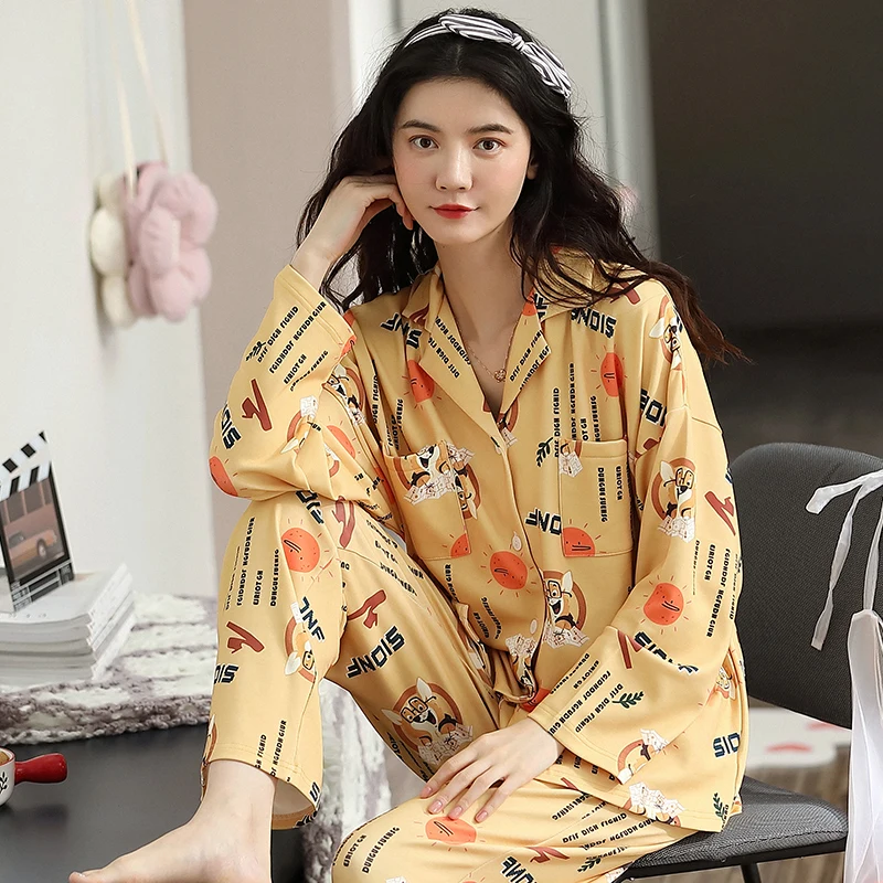 

High Quality Women 100% Cotton Pajamas Set Cute Cartoon Long Sleeve Sleepwear Turn-down Collar 2 Piece Set