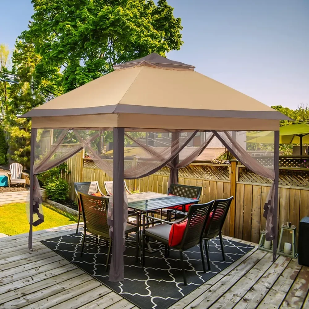 11'x11' Patio Gazebo 2-Tier Outdoor Pop-up Canopy Tent with Netting Sidewalls Brown, Gazebo is Suitable for Outdoor, Backyard